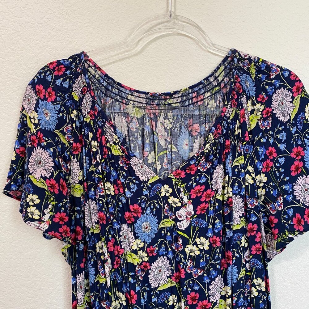 Talbots Navy Floral Butterfly Midi Dress 2X Tea Length Flutter Sleeve Viscose - Picture 5 of 7